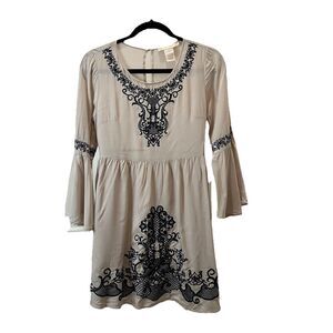 Flying Tomato Tan Khaki Navy Embroidered Floral Boho Peasant Mini Dress Size S
